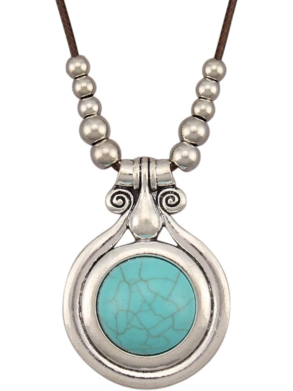 Women's Boho Turquoise Necklace Vintage Silver Swirl Pendant Long Cord Charm